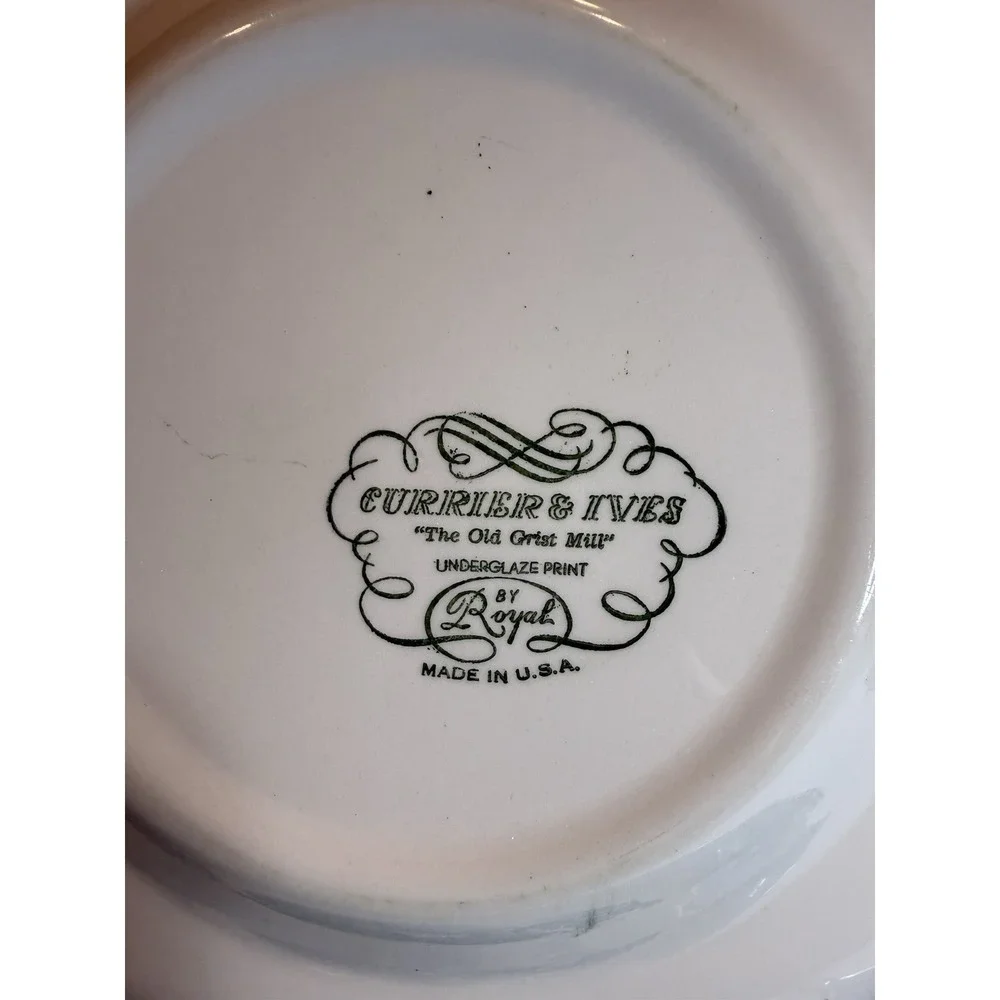 Set of 8 Currier & Ives Old Grist Mill Dinner Plates Royal USA Blue Transferware
